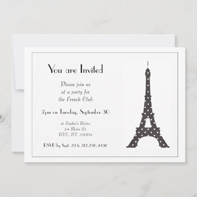 Black and White French Polka Dots Eiffel Tower Invitation (Front)