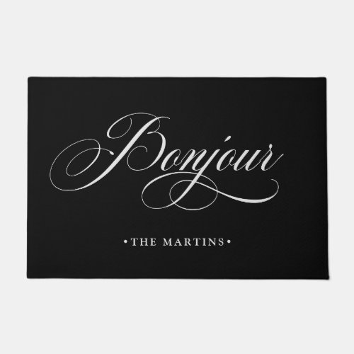 Black and White French Script  Bonjour Doormat