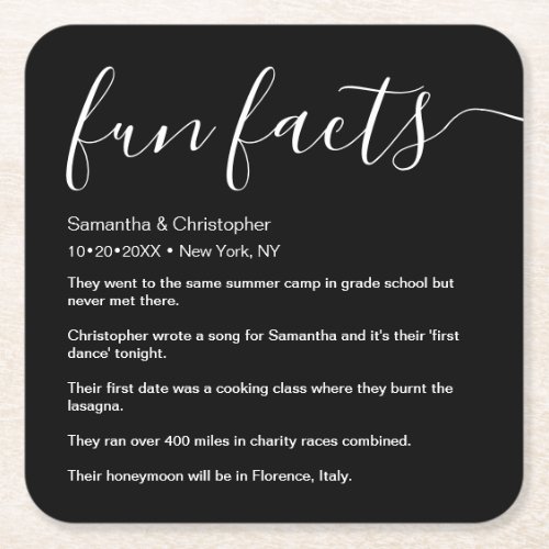 Black and White Fun Facts listed Personalized Square Paper Coaster