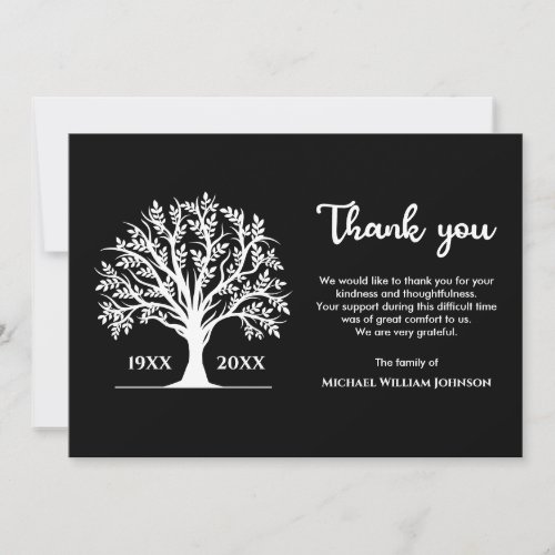 Black And White Funeral Memorial Tree Of Life Thank You Card