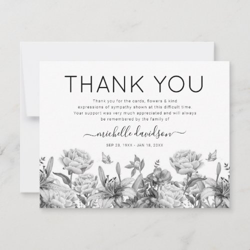 Black and White Funeral Thank You - Simple funeral thank you note featuring a plain white background, stylish black & white watercolor florals, and a elegant appeciation template that is easy to personalize with your own words.
