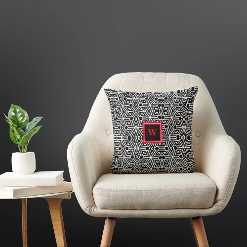 Black and White Funky Cubism Neo Geo Red Monogram Throw Pillow