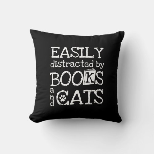 Black and White Funny Cat and Book Lover Throw Pillow