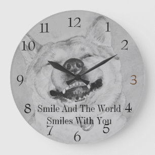 black and white funny piture of akita smiling dog large clock