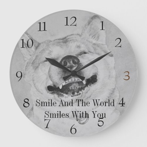 black  and white funny piture of akita smiling dog large clock