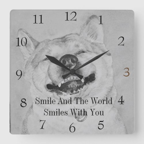 black  and white funny piture of akita smiling dog square wall clock