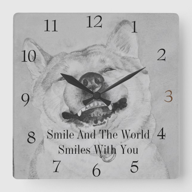black  and white funny piture of akita smiling dog square wall clock (Front)