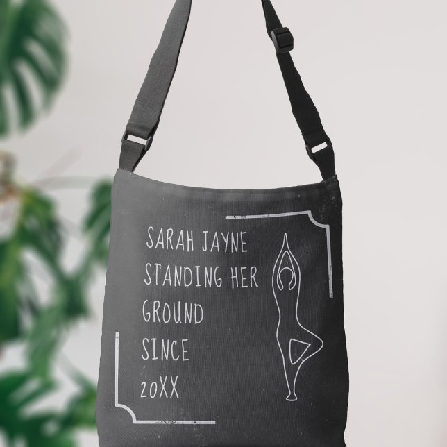 Black and White Funny Yoga Pose Outline Chalkboard Crossbody Bag (Add your name & how long you've been standing your own ground to this black and white crossbody bag)