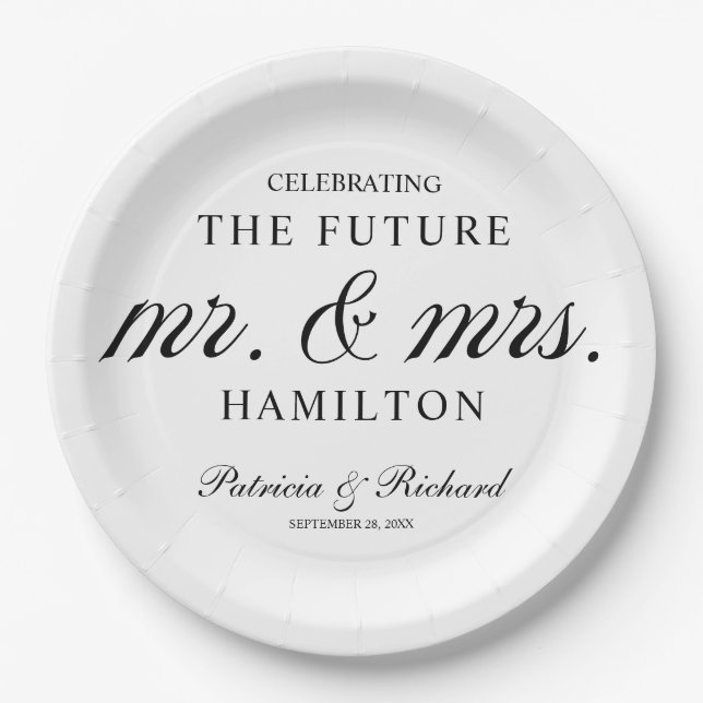 Black And White Future Mr and Mrs Engagement Party Paper Plates (Front)