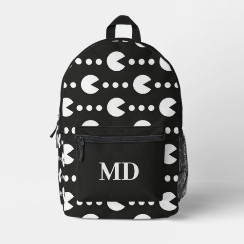 Black and White Gamer Pattern Monogram Printed Backpack
