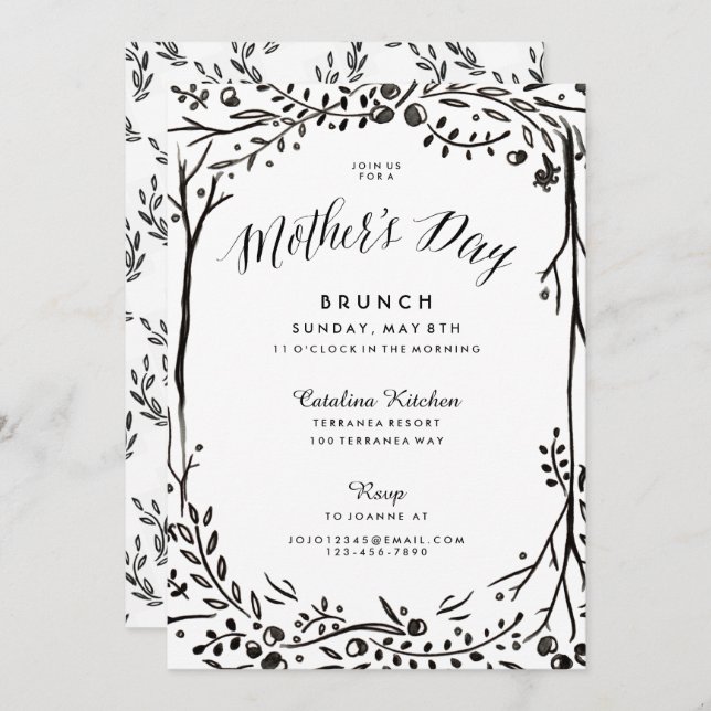 Black and White Garden Mothers Day Brunch Invitation (Front/Back)