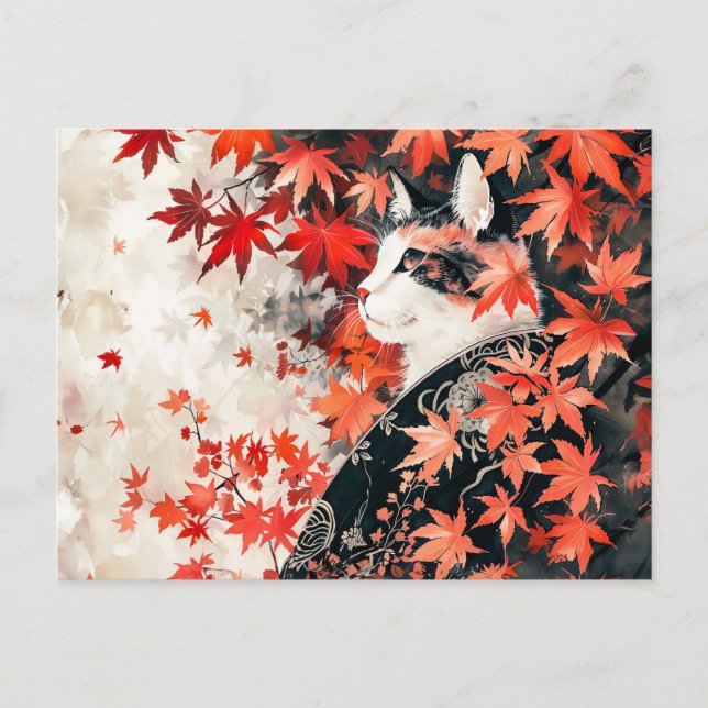 Black and White Geisha Cat Under Red Maple Leaves  Postcard (Front)
