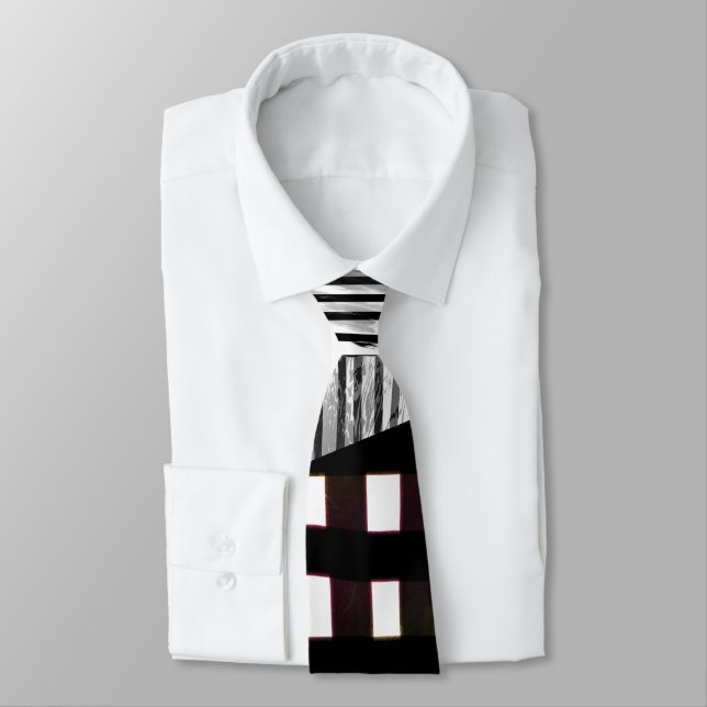 Black and White Geometric Abstract Glitch  Neck Tie (Tied)