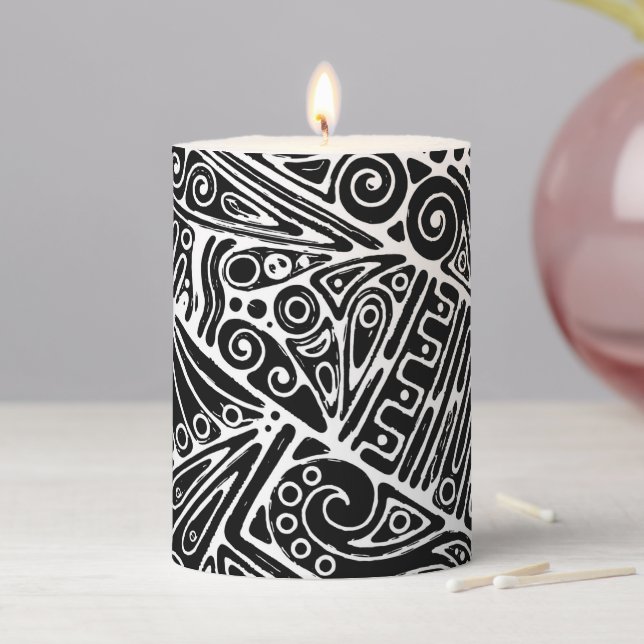 Black And White Geometric Art 2 Pillar Candle (In Situ)