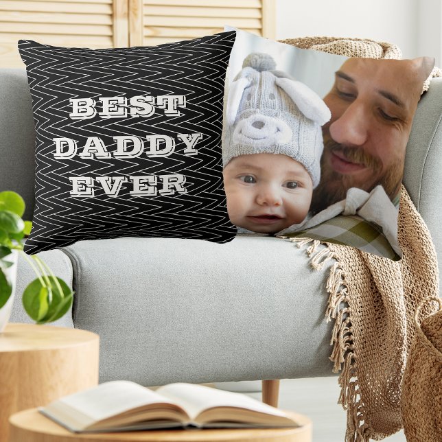 Black And White Geometric Best Daddy Ever Photo  Throw Pillow (Back And Front)