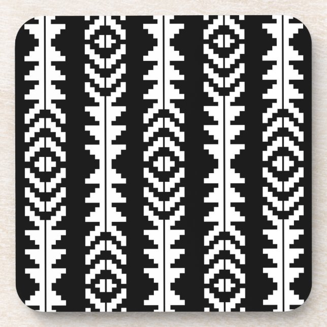 Black and White Geometric Boho Design Beverage Coaster (Front)