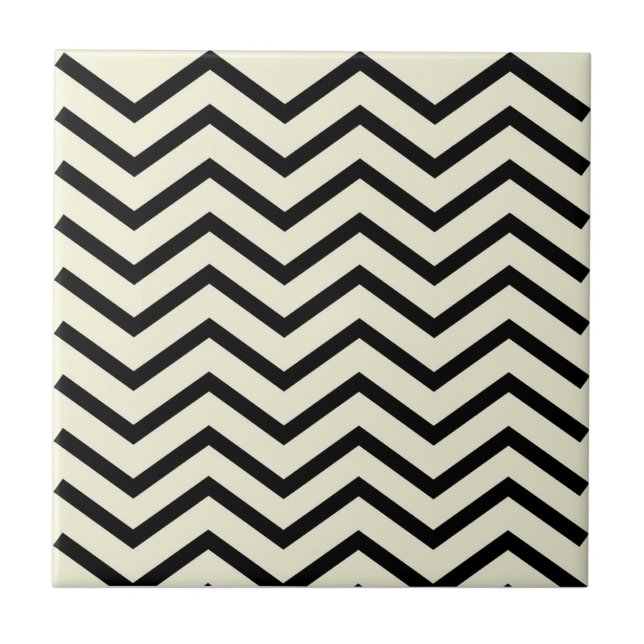 Black and White Geometric Chevron Zig Zag Pattern Ceramic Tile (Front)