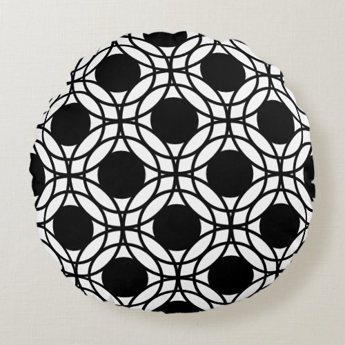 Black and White Geometric Circle Pattern Round Pillow