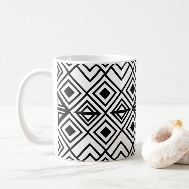 Black and White Geometric Diamond Pattern   Coffee Mug (With Donut)