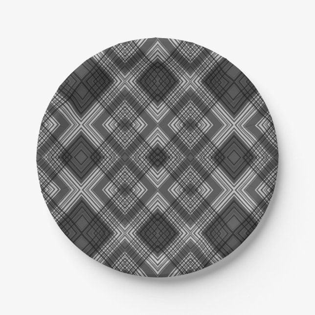 Black and white geometric diamond pattern paper plates (Front)
