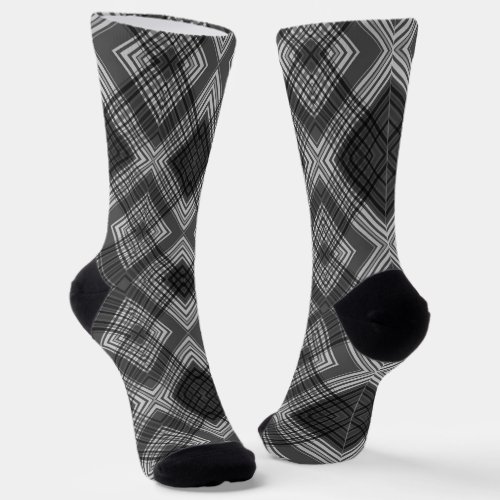 Black and white geometric diamond pattern socks