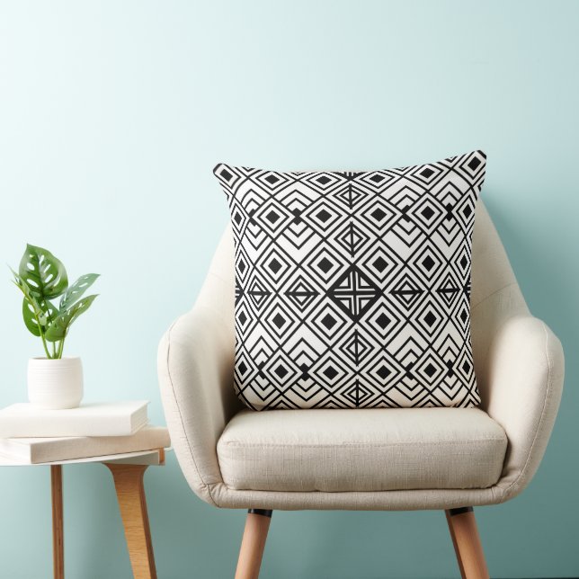 Black and White Geometric Diamond Pattern Throw Pillow (Chair)