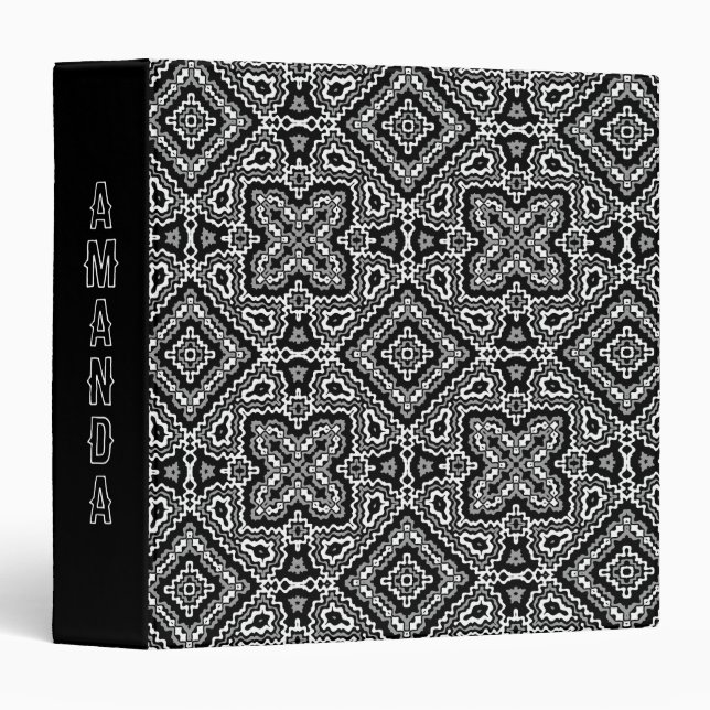  black and white geometric ethnic pattern ornament 3 ring binder (Front/Spine)