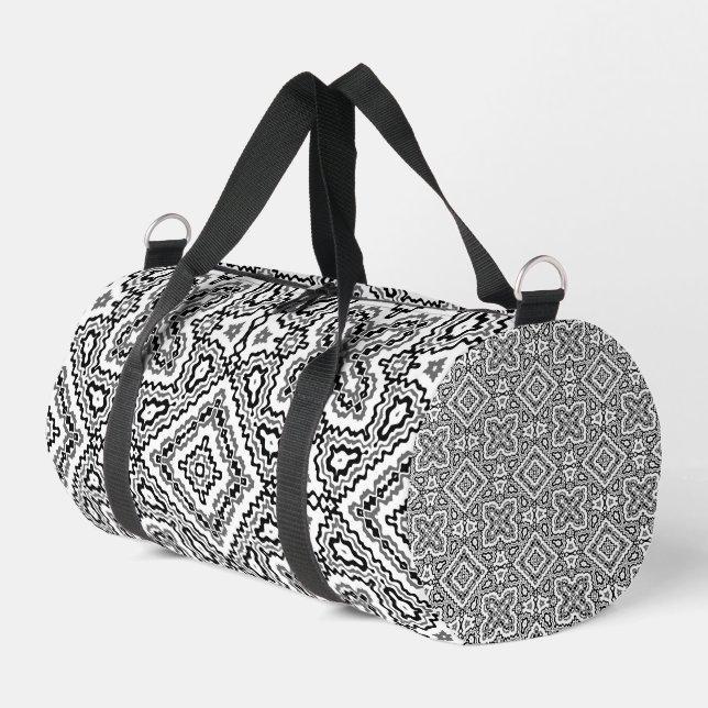  black and white geometric ethnic pattern ornament duffle bag (Left Corner)