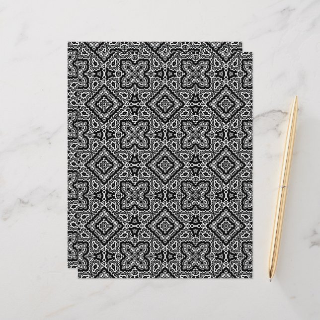  black and white geometric ethnic pattern ornament letterhead (Front/Back In Situ)