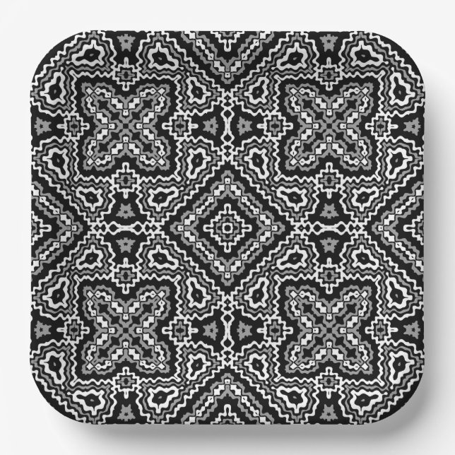  black and white geometric ethnic pattern ornament paper plates (Front)