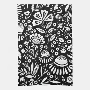 Black And White Geometric Floral Kitchen Towel by HoundandPartridge at Zazzle