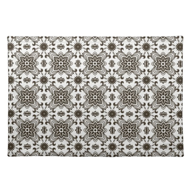 Black and White Geometric Floral Pattern Cloth Placemat (Front)