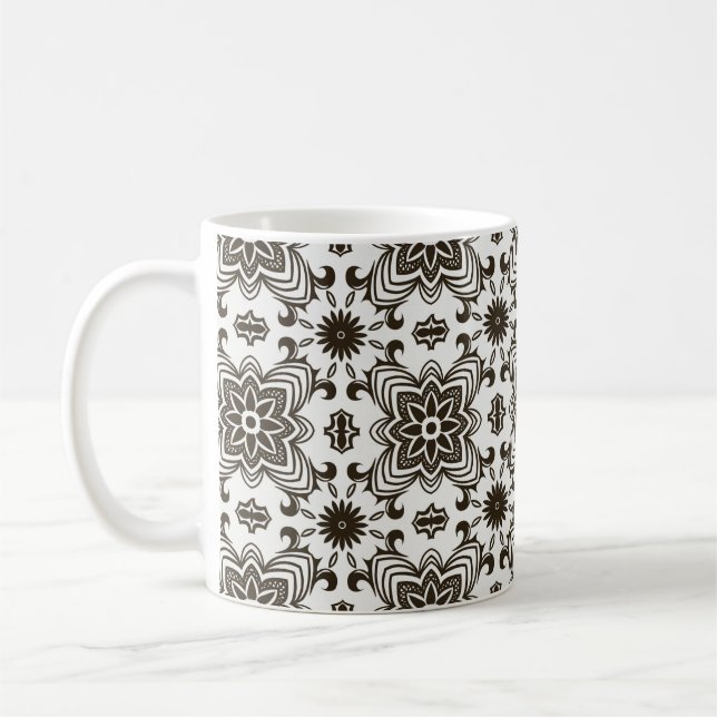 Black and White Geometric Floral Pattern Coffee Mug (Left)