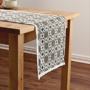 Black and White Geometric Floral Pattern Short Table Runner
