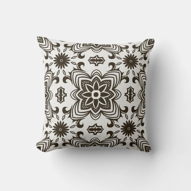 Black and White Geometric Floral Pattern Throw Pillow (Front)