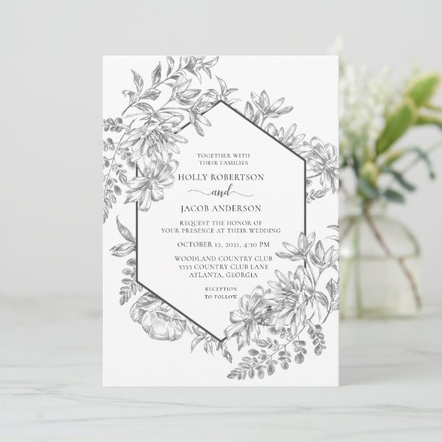 Black and White Geometric Floral Wedding  Invitation (Standing Front)