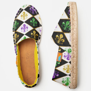 Black and white geometric glitter fleur de lis espadrilles