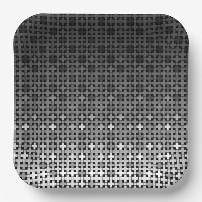 Black and white geometric gradient pattern  paper plates (Front)