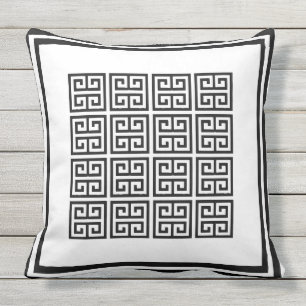 Black and white Geometric Greek key Pattern Outdoor Pillow