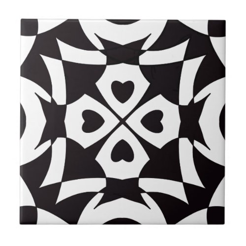 Black And White Geometric Heart Pattern Ceramic Tile
