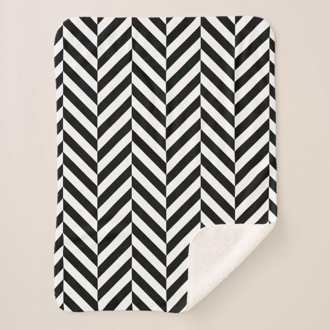 Black and White Geometric Herringbone Pattern Sherpa Blanket (Front)
