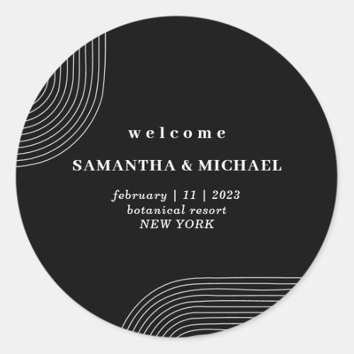 Black and White Geometric LineArt Welcome Wedding Classic Round Sticker
