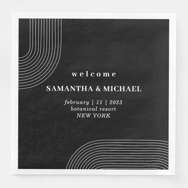 Black and White Geometric Lines Welcome Wedding Paper Dinner Napkins