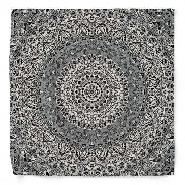Black and White Geometric Mandala Pattern Bandana (Front)