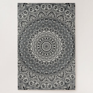 Black and White Geometric Mandala Pattern Jigsaw Puzzle