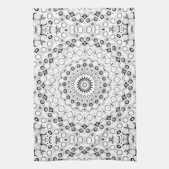 Black and White Geometric Mandala Pattern Kitchen Towel (Vertical)