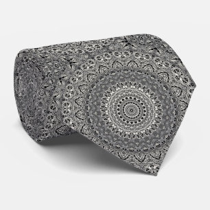 Black and White Geometric Mandala Pattern Neck Tie