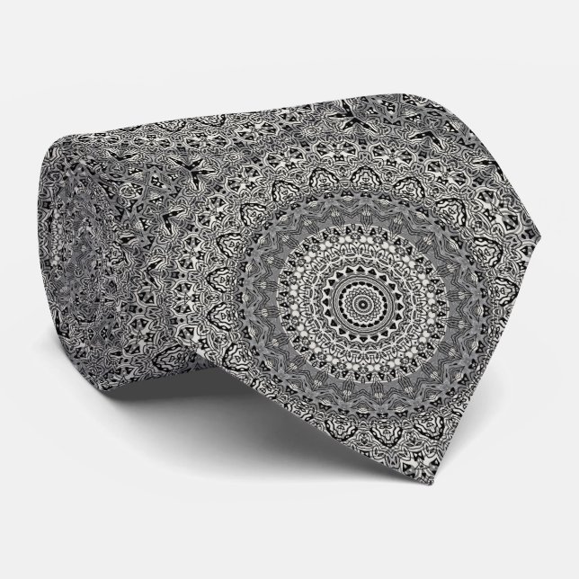 Black and White Geometric Mandala Pattern Neck Tie (Rolled)
