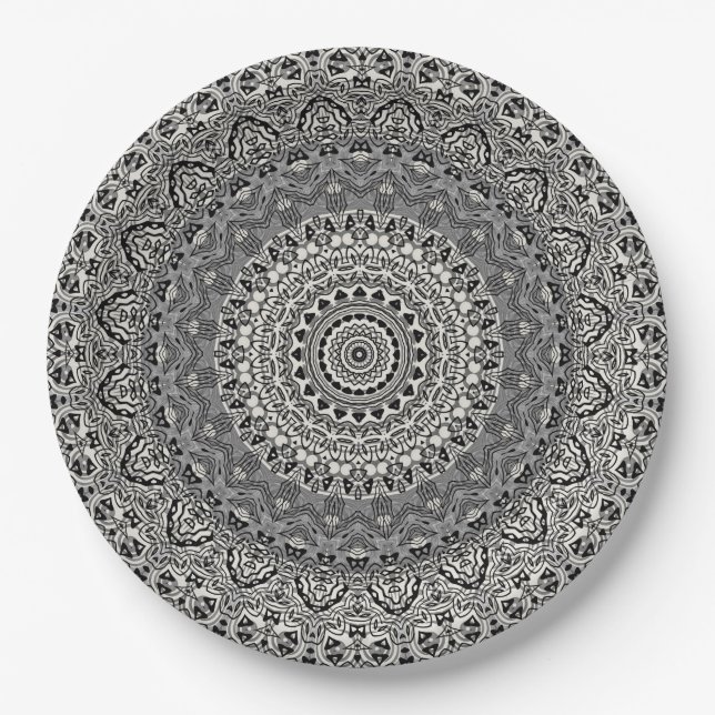 Black and White Geometric Mandala Pattern Paper Plates (Front)