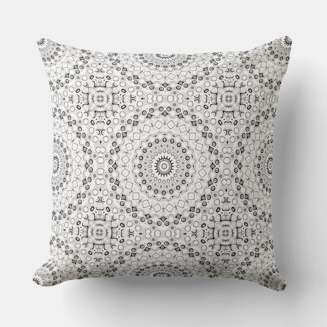 Black and White Geometric Mandala Pattern Throw Pillow (Front)